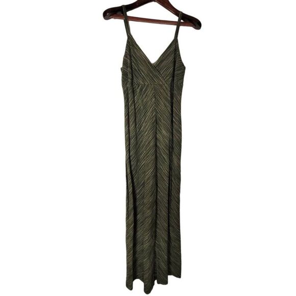 Vintage Old Navy Dress Women's 6 Green Striped‎ Zipper V Neck Bohemian Linen - Picture 3 of 11